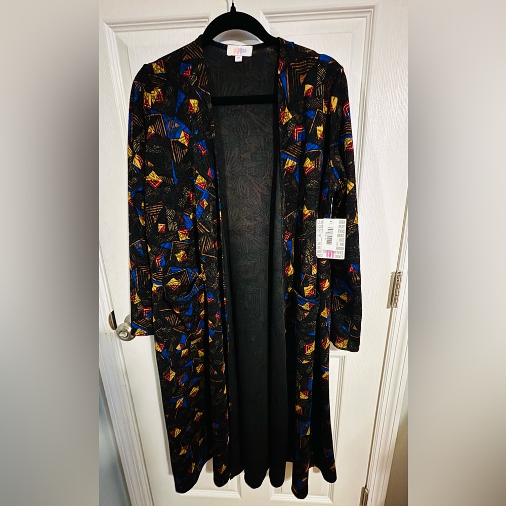 😍NWT LuLaRoe “Sarah” Cardigan with Blue and Gold Geometric Accents Size Medium